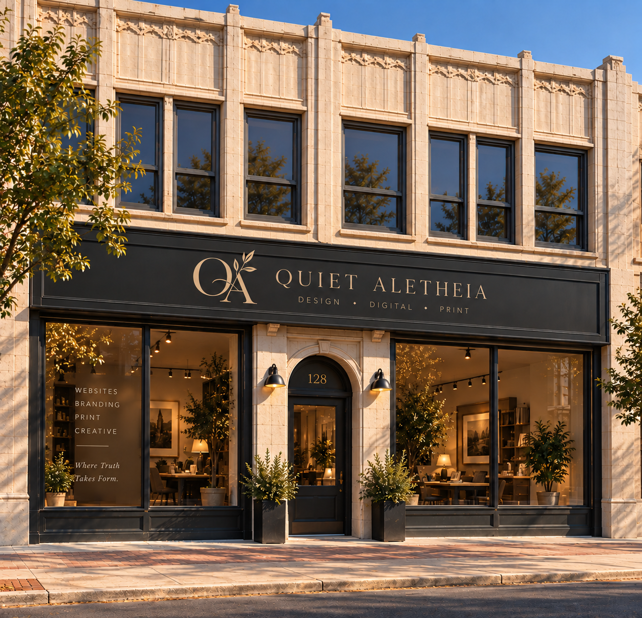 Concept image of a Quiet Aletheia storefront glowing at golden hour